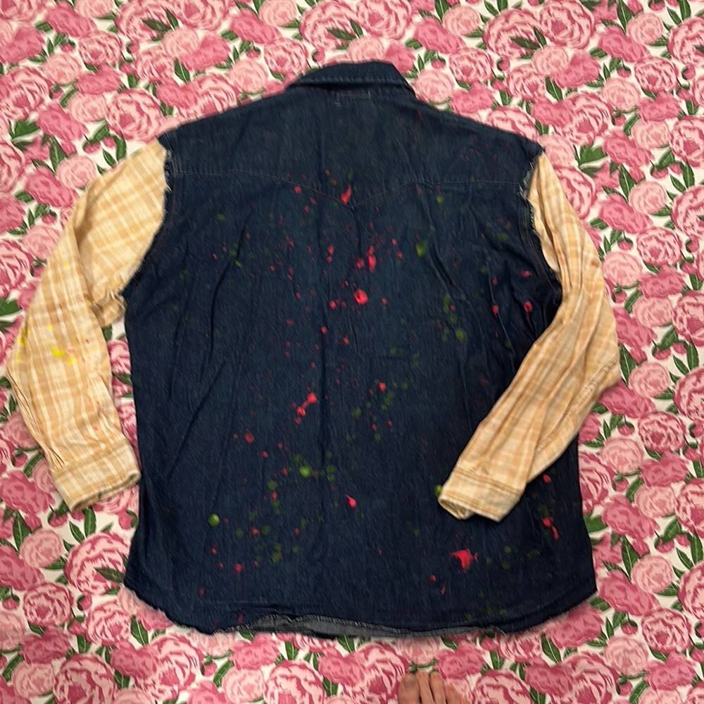 Denim shirt /Jacket with Plaid Sleeves and Paint Splatter